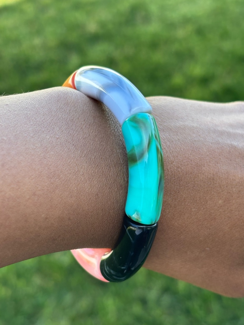 Zara Multicolor Resin Segment Bracelet - Green, Black, Pink, Orange, Cream